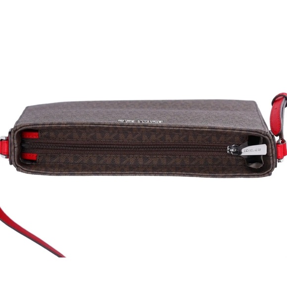 Michael Kors Jet Set Travel Large Messenger Bag Crossbody Brown MK Bright Red - Picture 9 of 10